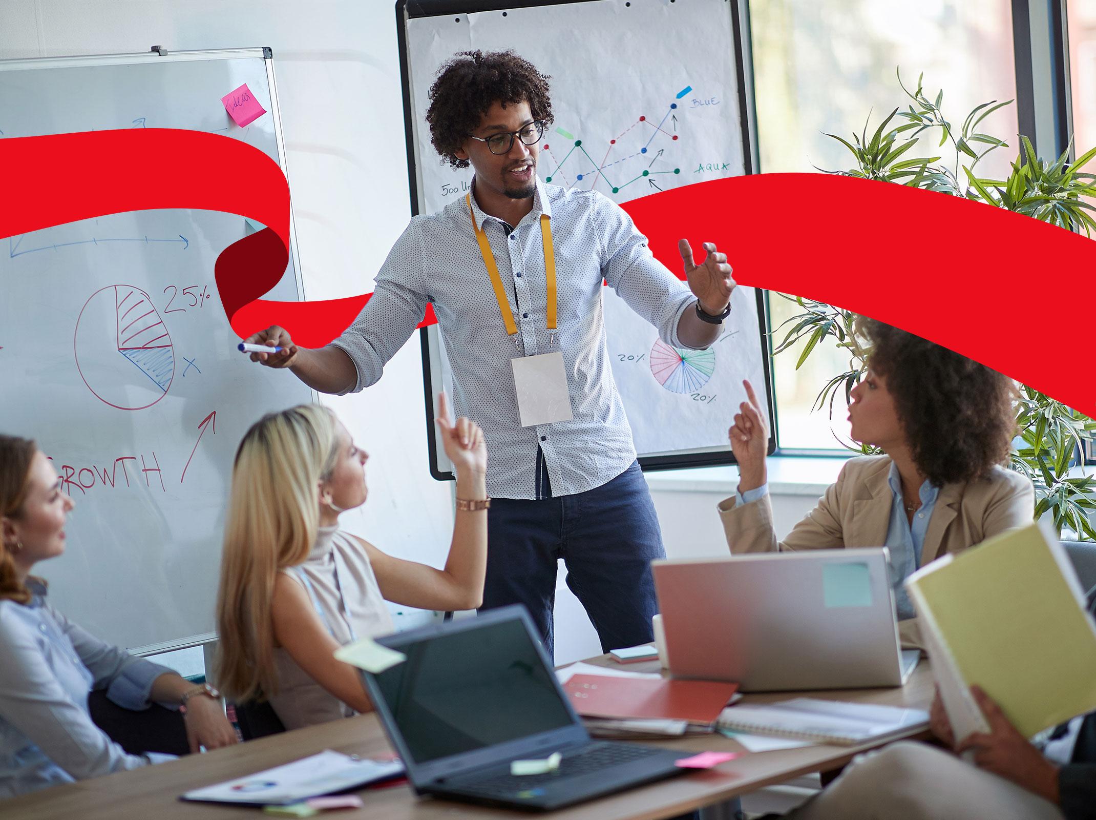 Man giving an engaging presentation at work